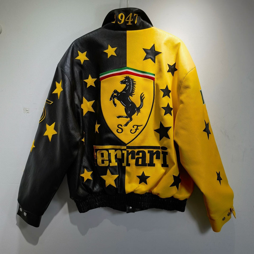 Ferrari Black-Yellow Leather Vintage Racing Jacket Ex Race Gear