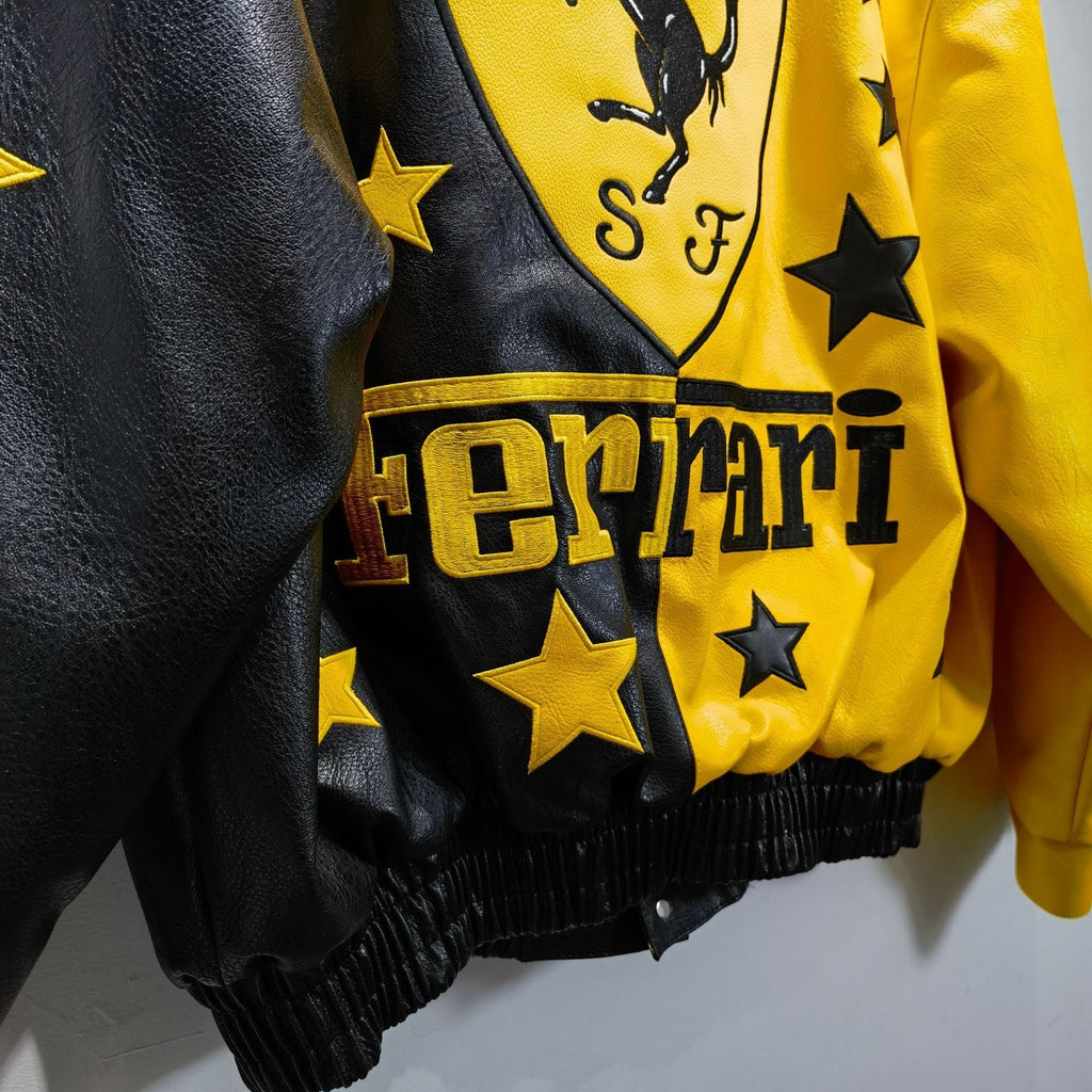 Ferrari Black-Yellow Leather Vintage Racing Jacket Ex Race Gear