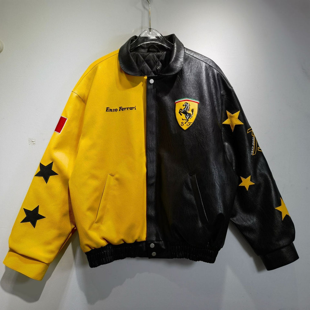 Ferrari Black-Yellow Leather Vintage Racing Jacket Ex Race Gear