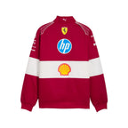 Red vintage racing jacket with white stripe band, high collar, front zipper, large chest logos