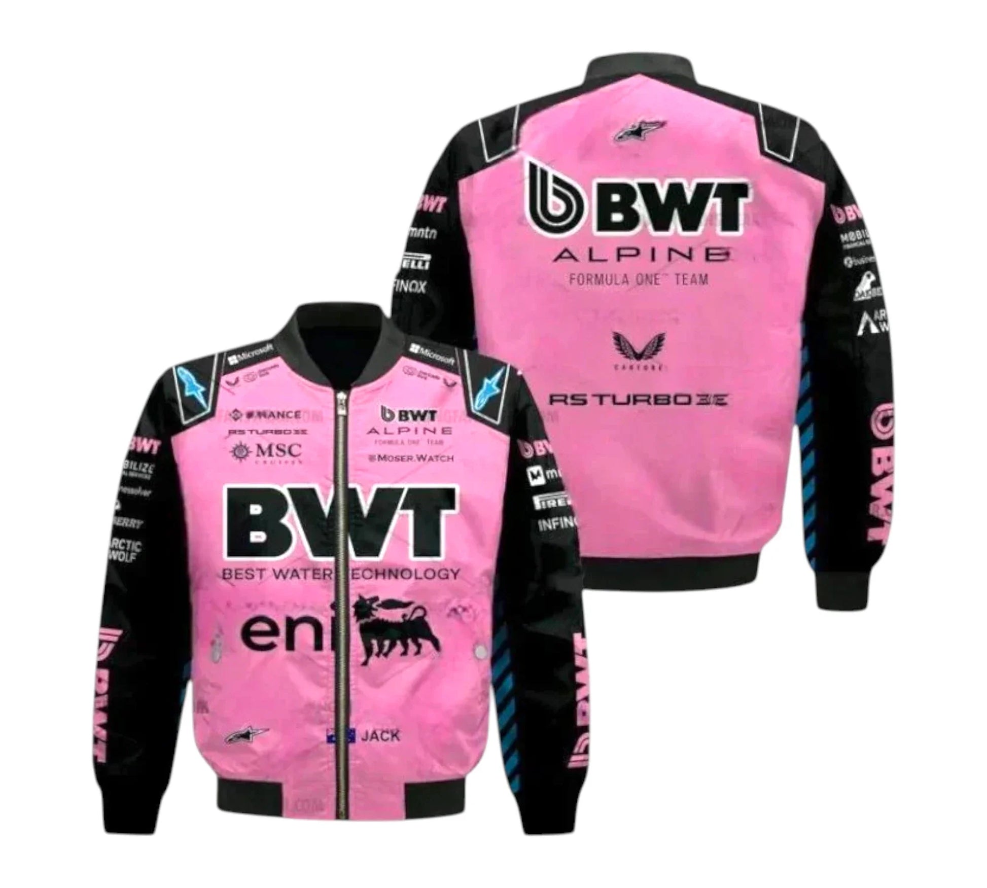 Pink and black jacket with branding on a white background