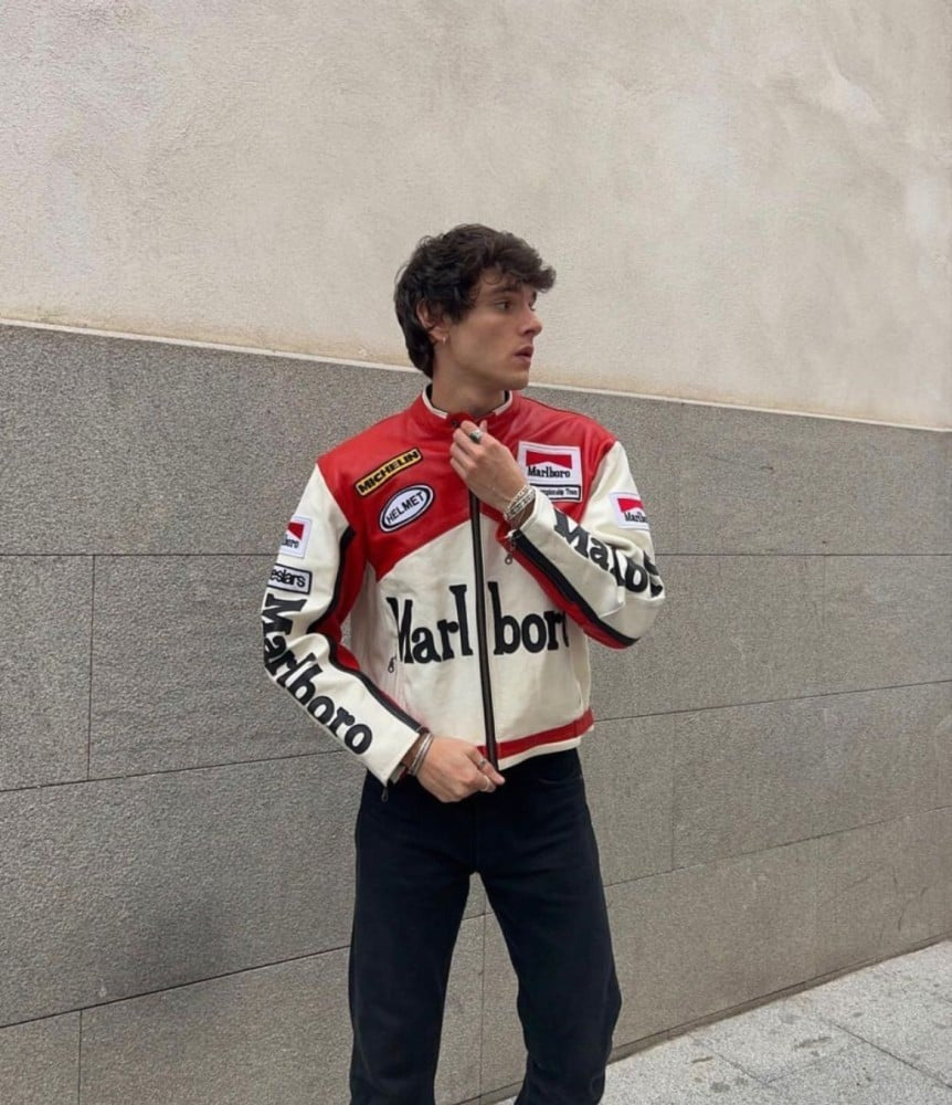Marlboro Red-White Leather Vintage Racing Jacket Ex Race Gear