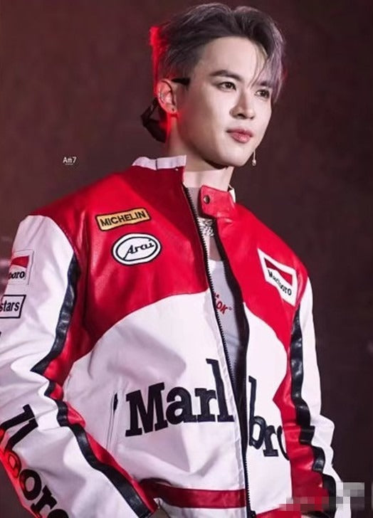 Marlboro Red-White Leather Vintage Racing Jacket Ex Race Gear