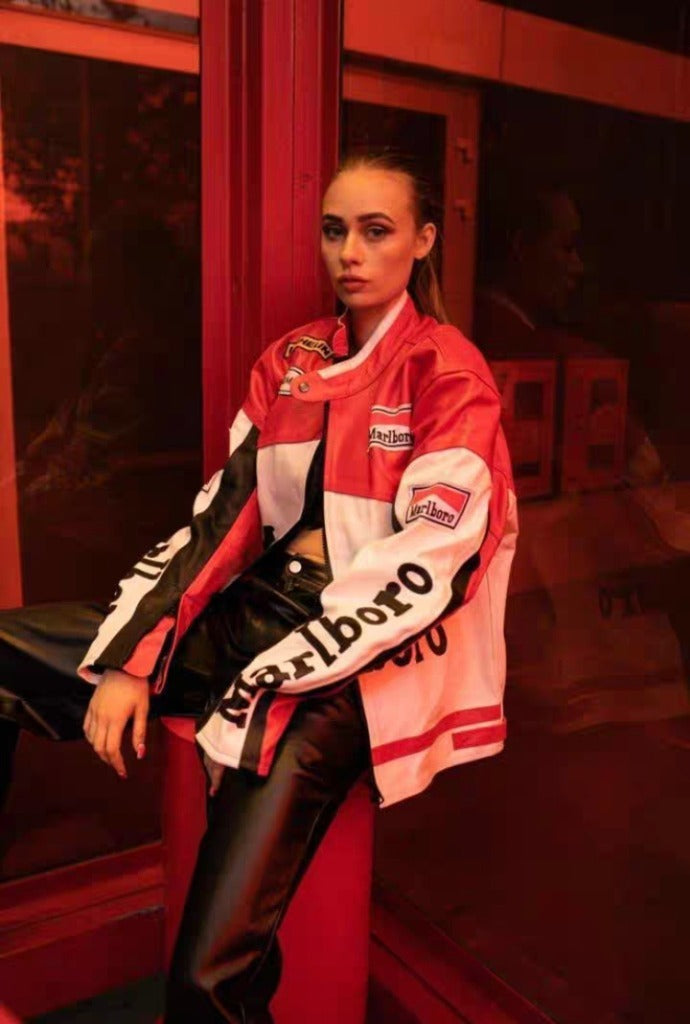 Marlboro Red-White Leather Vintage Racing Jacket Ex Race Gear