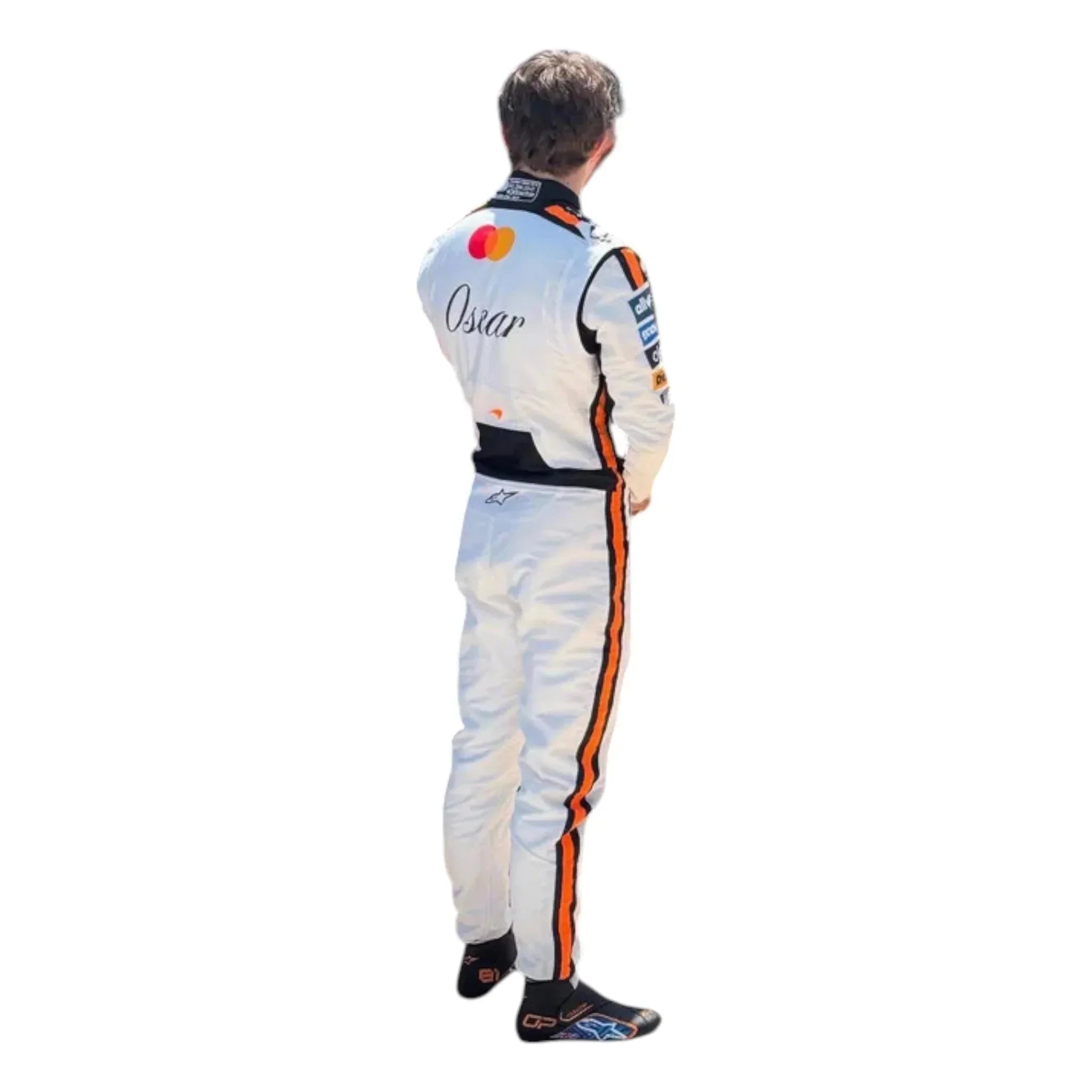 Endless Racegear 2025 McLaren F1 Monaco GP race suit replica white rear view with orange stripes Mastercard logo name Oscar