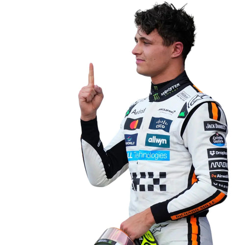 2025 McLaren F1 Monaco GP race suit replica on a racing driver in white orange suit holding helmet and pointing upward