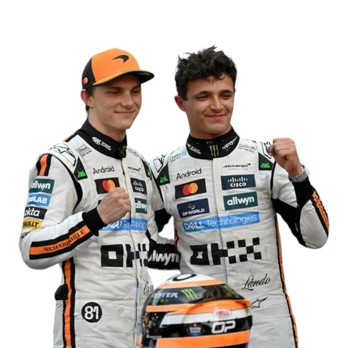 Endless Racegear 2025 McLaren F1 Monaco GP race suit replica in white orange with sponsor logos worn by two drivers