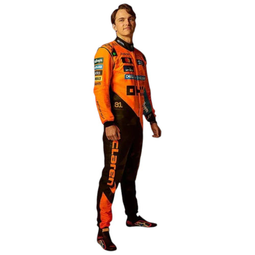 Endless Racegear orange McLaren style race suit with sponsor patches and flame resistant racing design