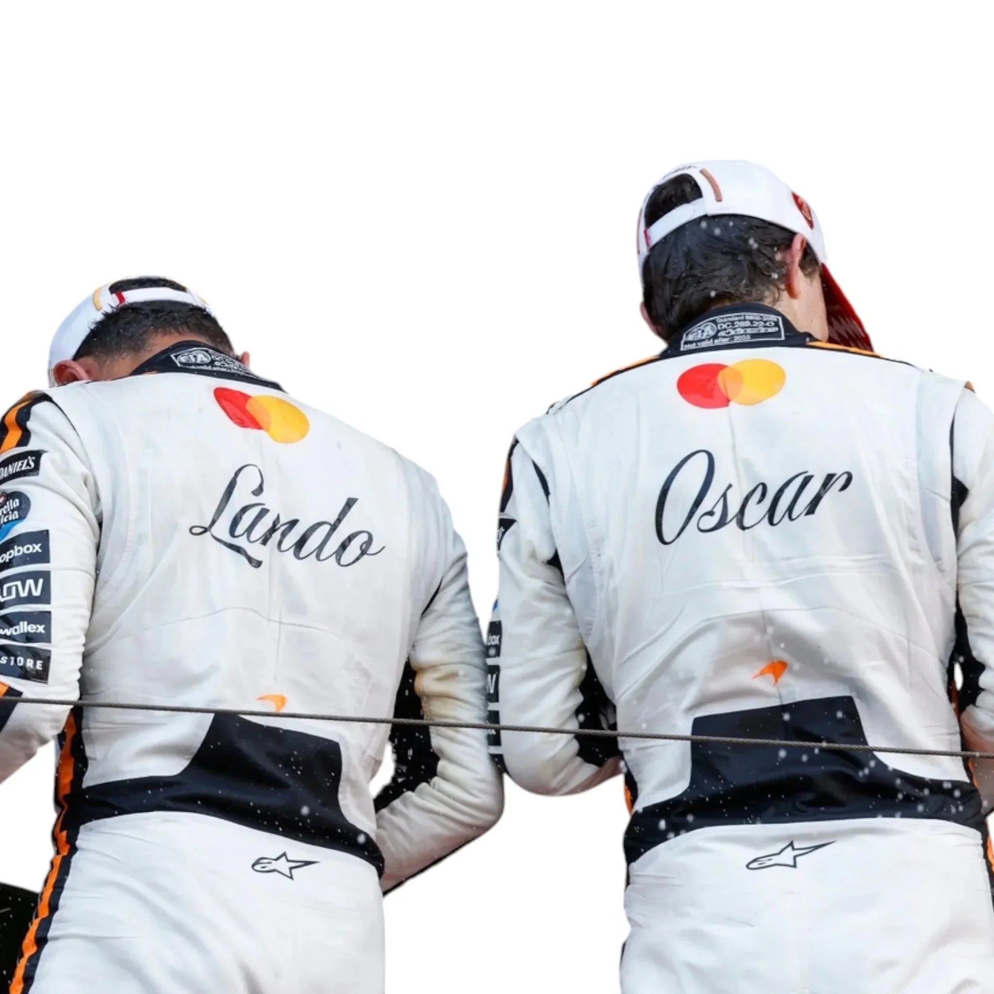 Lando Norris Monaco GP race suit shown on white Endless Racegear suit with Lando and Oscar names and sponsor logos on back