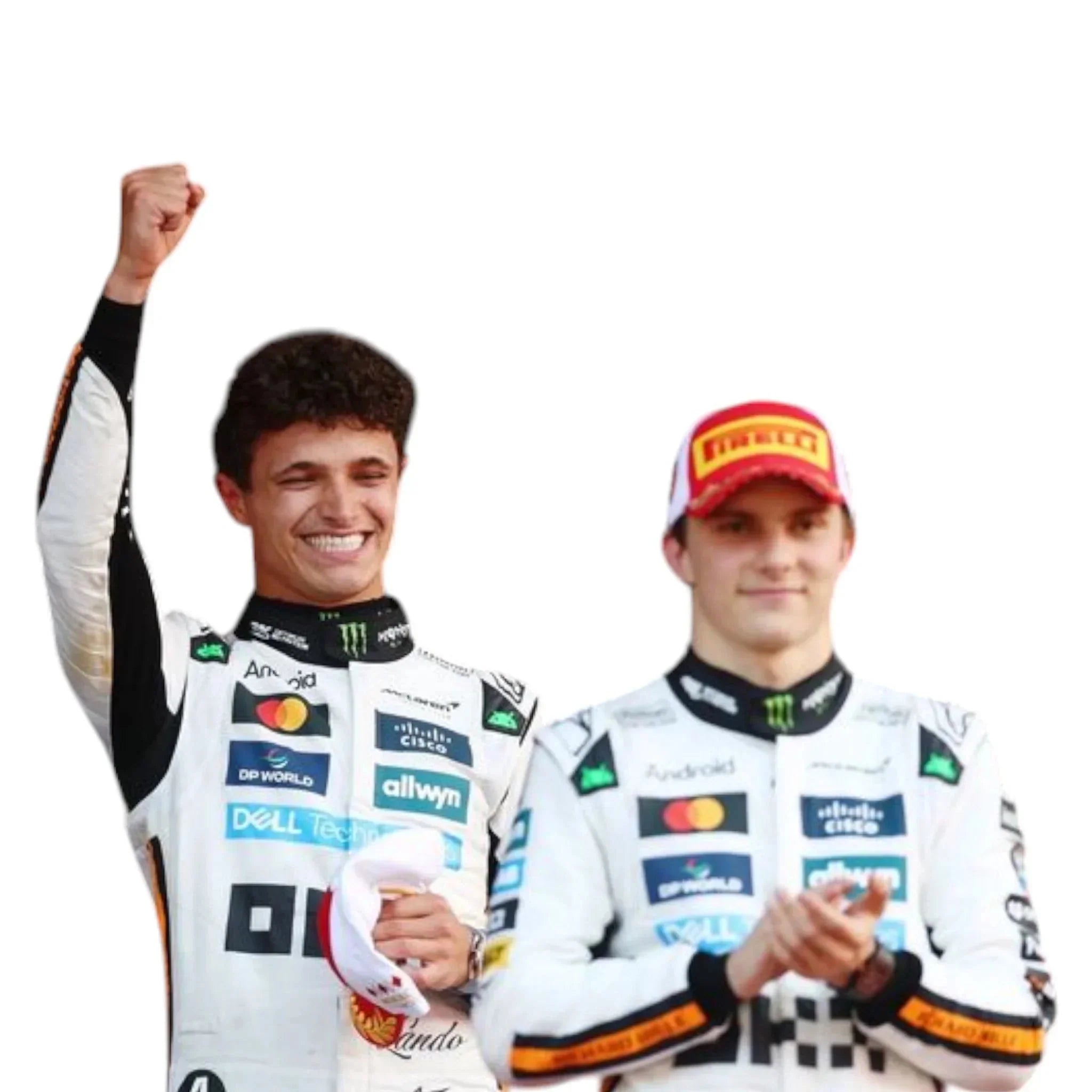 Endless Racegear Lando Norris Monaco GP race suit product photo of two drivers in white sponsor racing suits