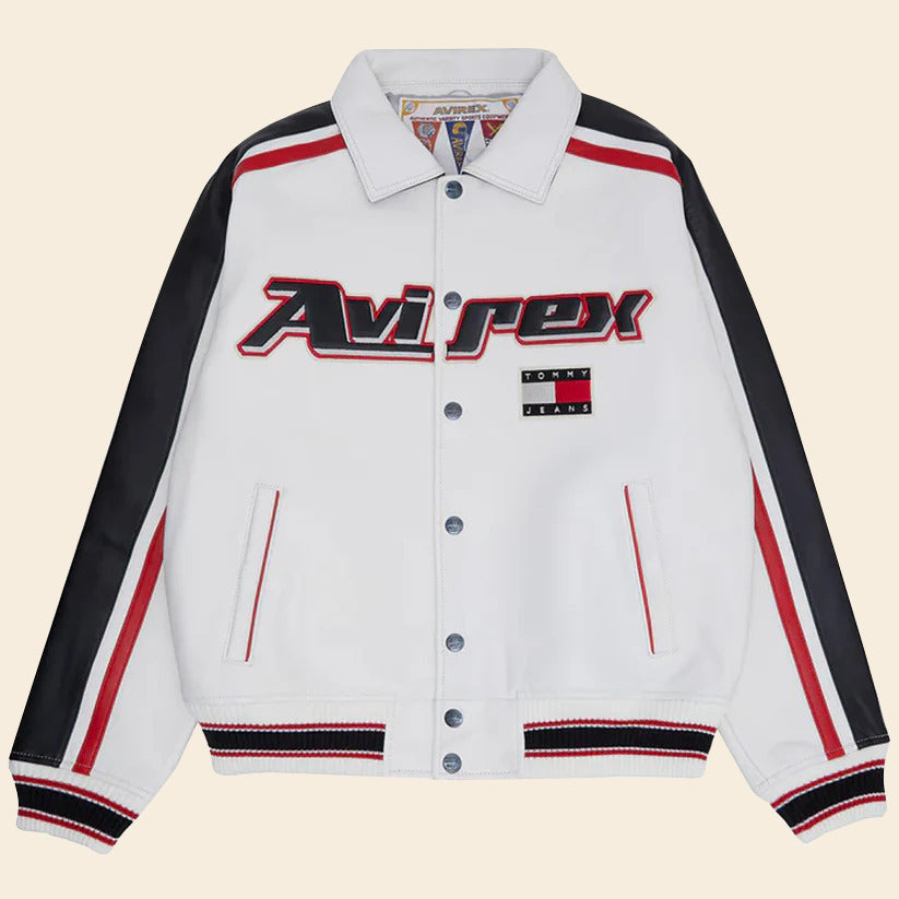 Men White Bomber Tommy Jeans Avirex Leather Jacket 3A MOTO LEATHER