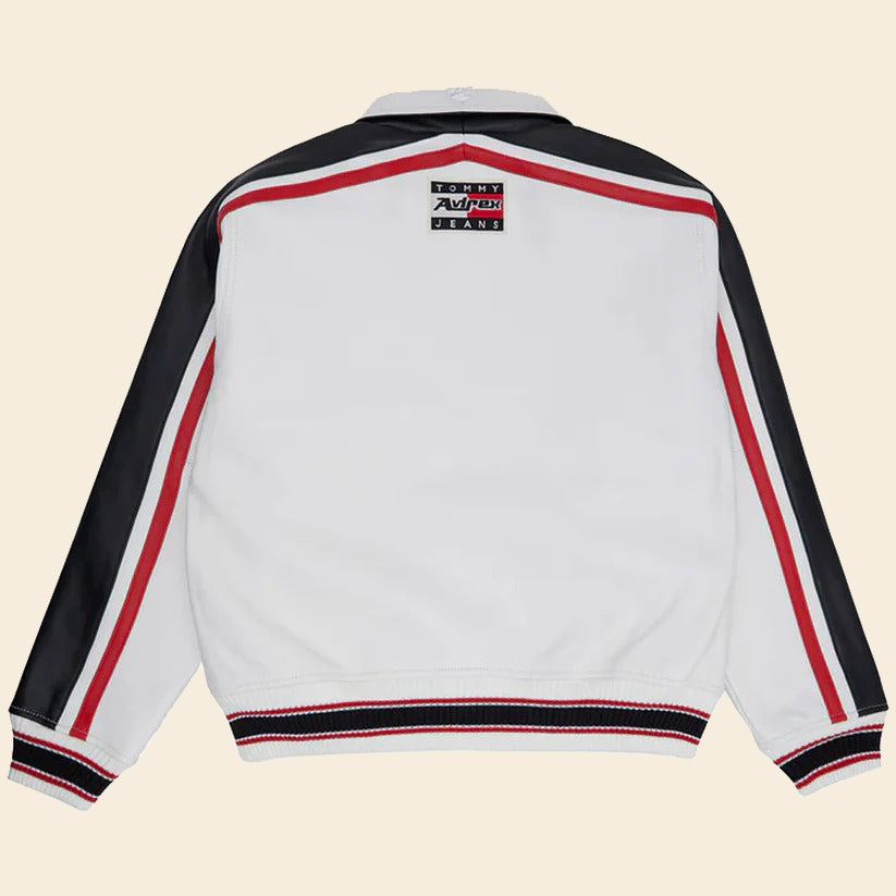 Men White Bomber Tommy Jeans Avirex Leather Jacket 3A MOTO LEATHER