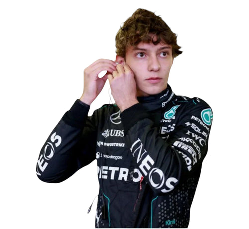 Model adjusting earpiece wearing 2025 Andrea Kimi Antonelli Mercedes replica suit black with sponsor logos