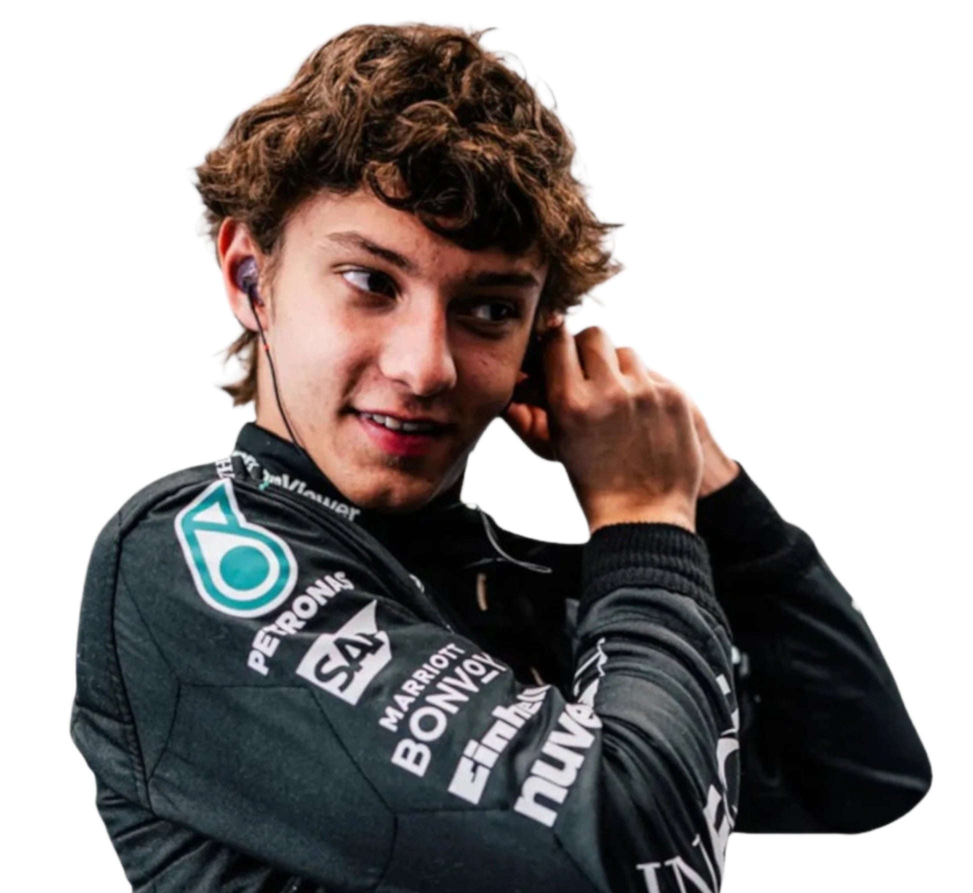 Endless Racegear 2025 Andrea Kimi Antonelli Mercedes replica suit worn by driver adjusting earpiece showing sponsor logos