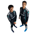 Two models wearing 2025 Andrea Kimi Antonelli Mercedes replica suit from Endless Racegear black suit with sponsor logos