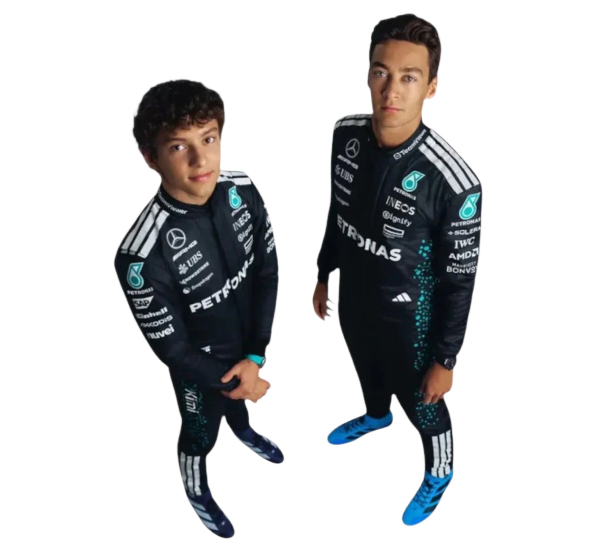 Two models wearing 2025 Andrea Kimi Antonelli Mercedes replica suit from Endless Racegear black suit with sponsor logos