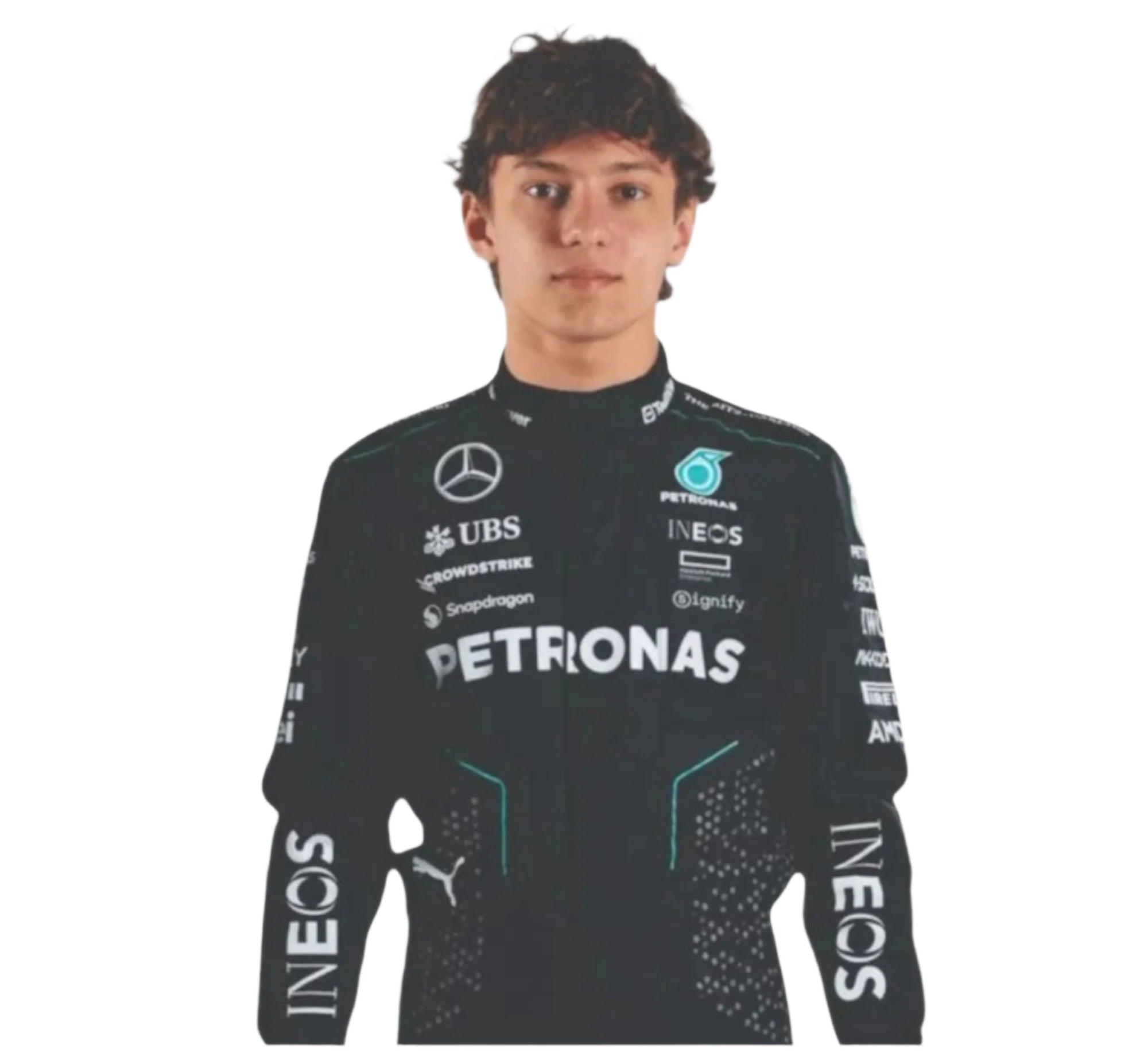 Endless Racegear 2025 Andrea Kimi Antonelli Mercedes replica suit black Petronas race suit with sponsor logos