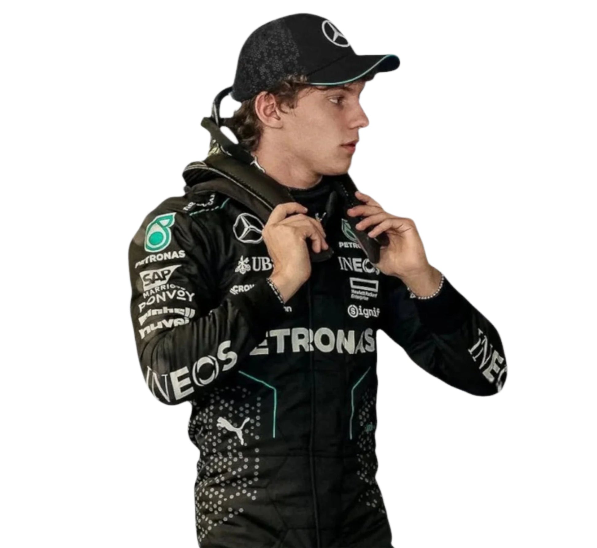 Endless Racegear 2025 Andrea Kimi Antonelli Mercedes replica suit black race suit with sponsor logos and cap
