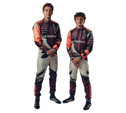Andrea Kimi Antonelli Miami GP race suit Endless Racegear two drivers wearing Petronas maroon and orange race suits