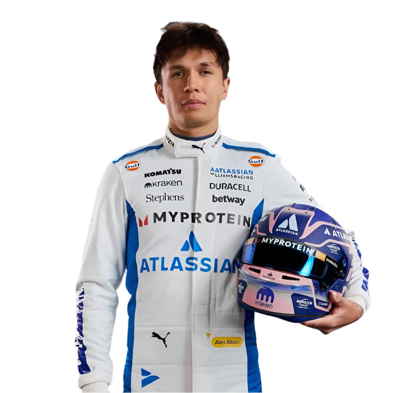 Endless Racegear Alexander Albon 2025 replica race suit white and blue full body suit with branded helmet