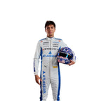 Endless Racegear Alexander Albon 2025 replica race suit worn by driver model holding blue racing helmet