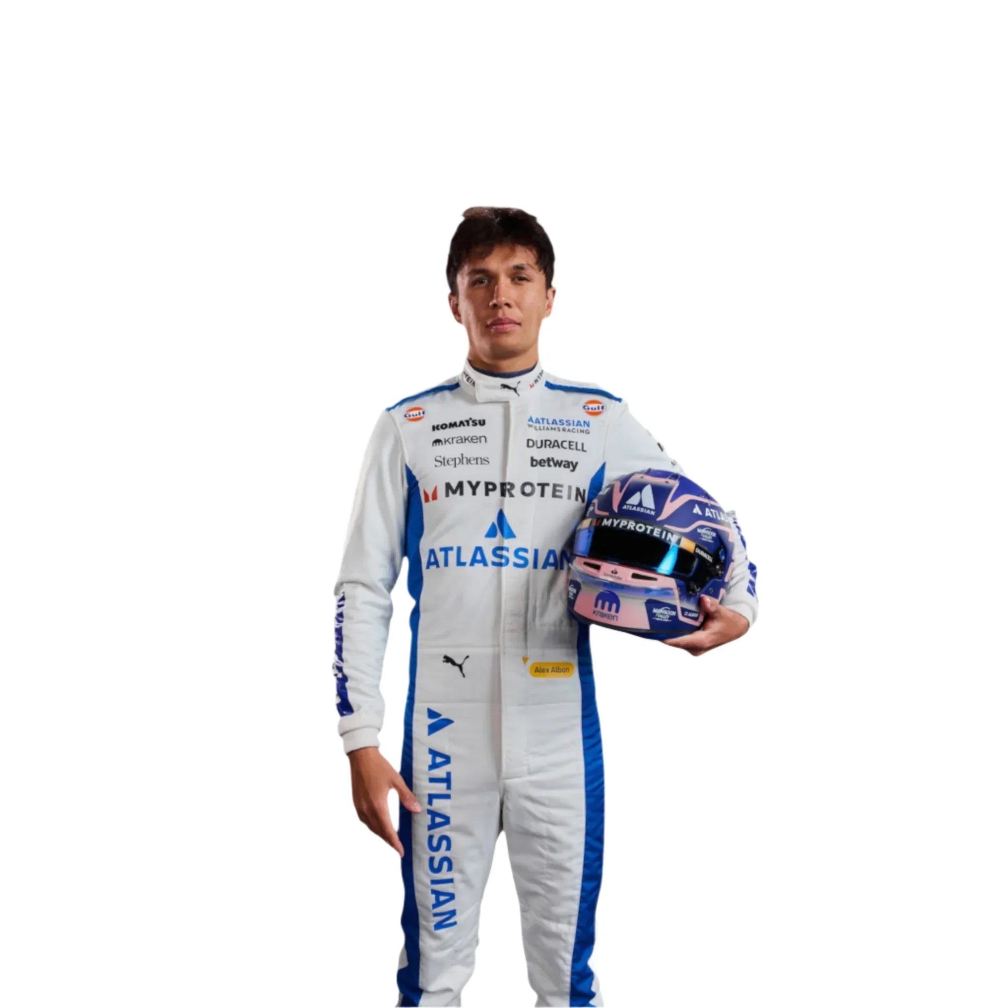 Endless Racegear Alexander Albon 2025 replica race suit worn by driver model holding blue racing helmet