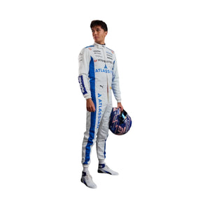 Endless Racegear Alexander Albon 2025 replica race suit white and blue standing model holding helmet