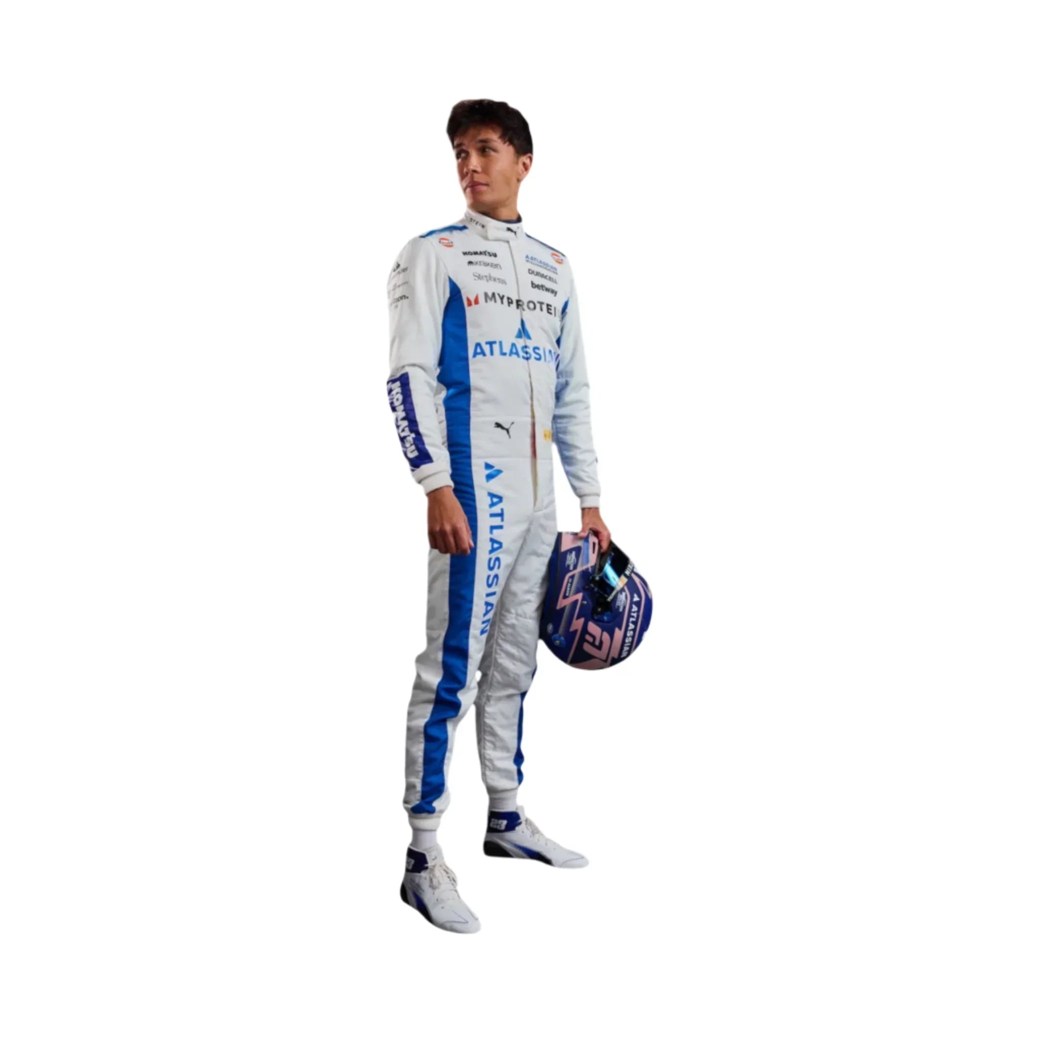 Endless Racegear Alexander Albon 2025 replica race suit white and blue standing model holding helmet