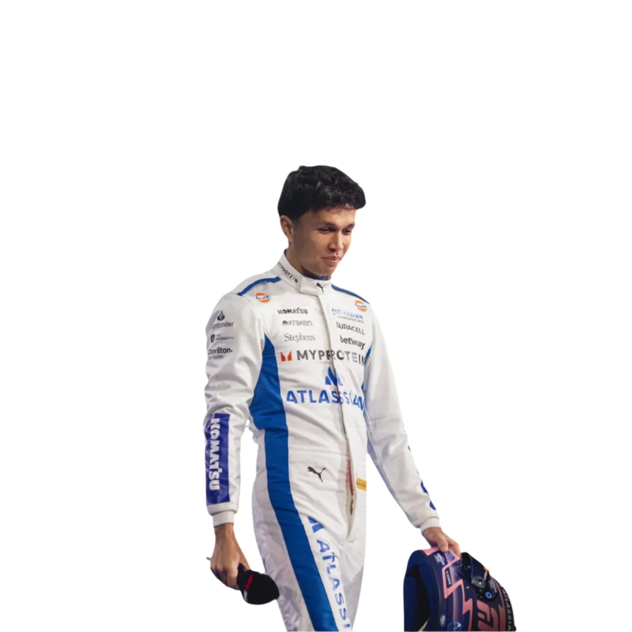 Endless Racegear model wearing Alexander Albon 2025 replica race suit white blue holding helmet and microphone