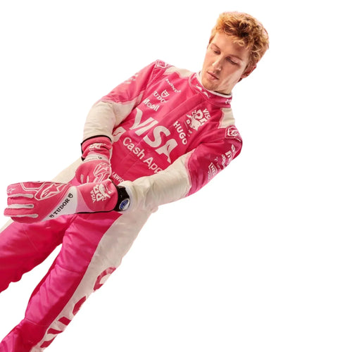 Endless Racegear Liam Lawson Racing Bulls replica suit pink race suit with sponsor logos worn by model