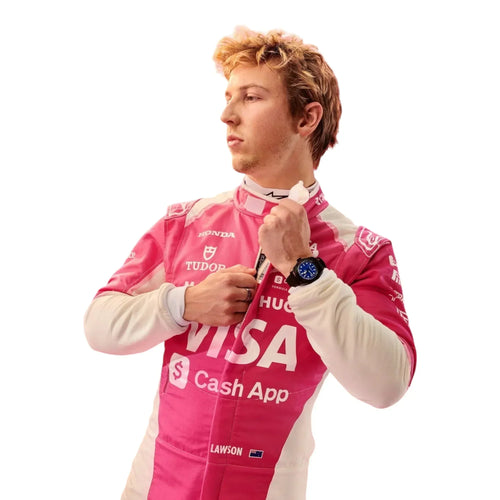 Endless Racegear Liam Lawson Racing Bulls replica suit in pink and white with sponsor logos
