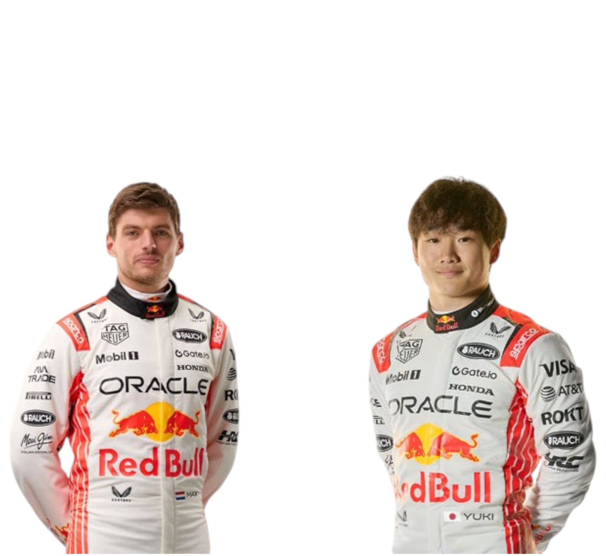 Yuki Tsunoda Red Bull race suit on driver model with full white Red Bull Oracle branding and sponsor logos