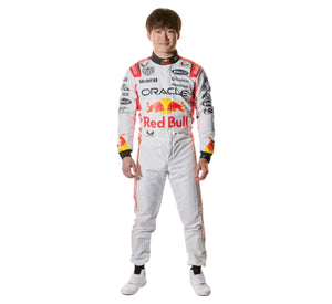 Yuki Tsunoda Red Bull race suit by Endless Racegear white single piece racing suit with Red Bull branding