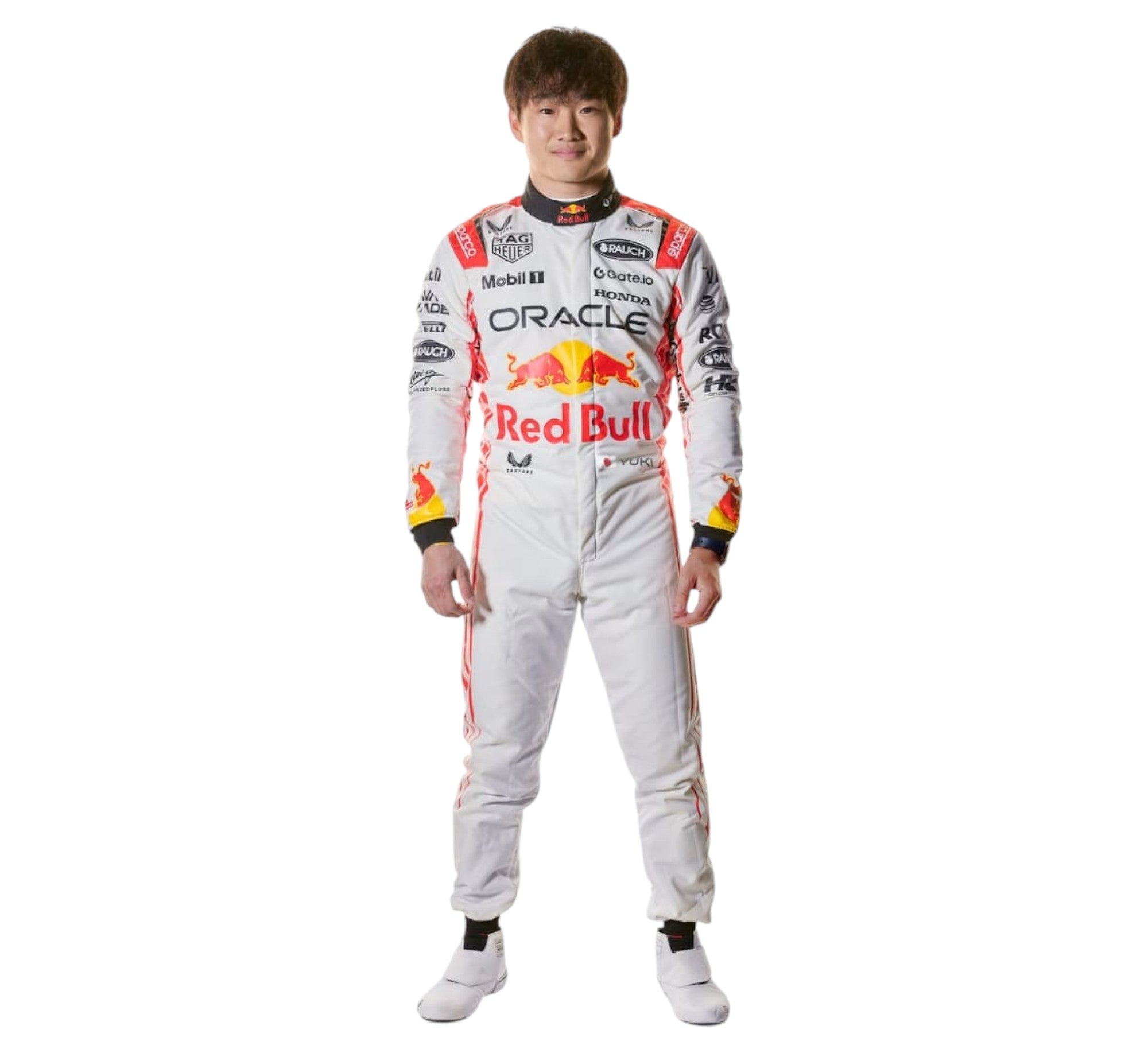 Yuki Tsunoda Red Bull race suit by Endless Racegear white single piece racing suit with Red Bull branding