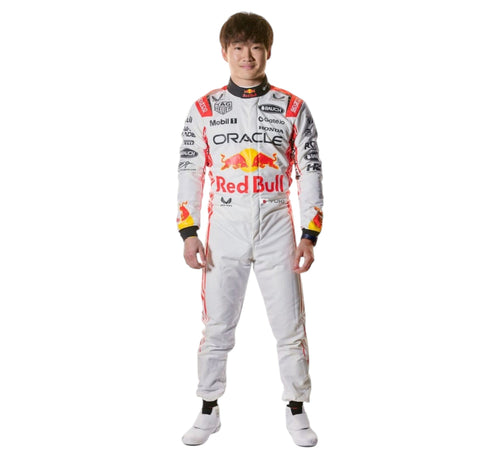Yuki Tsunoda Red Bull race suit by Endless Racegear white single piece racing suit with Red Bull branding