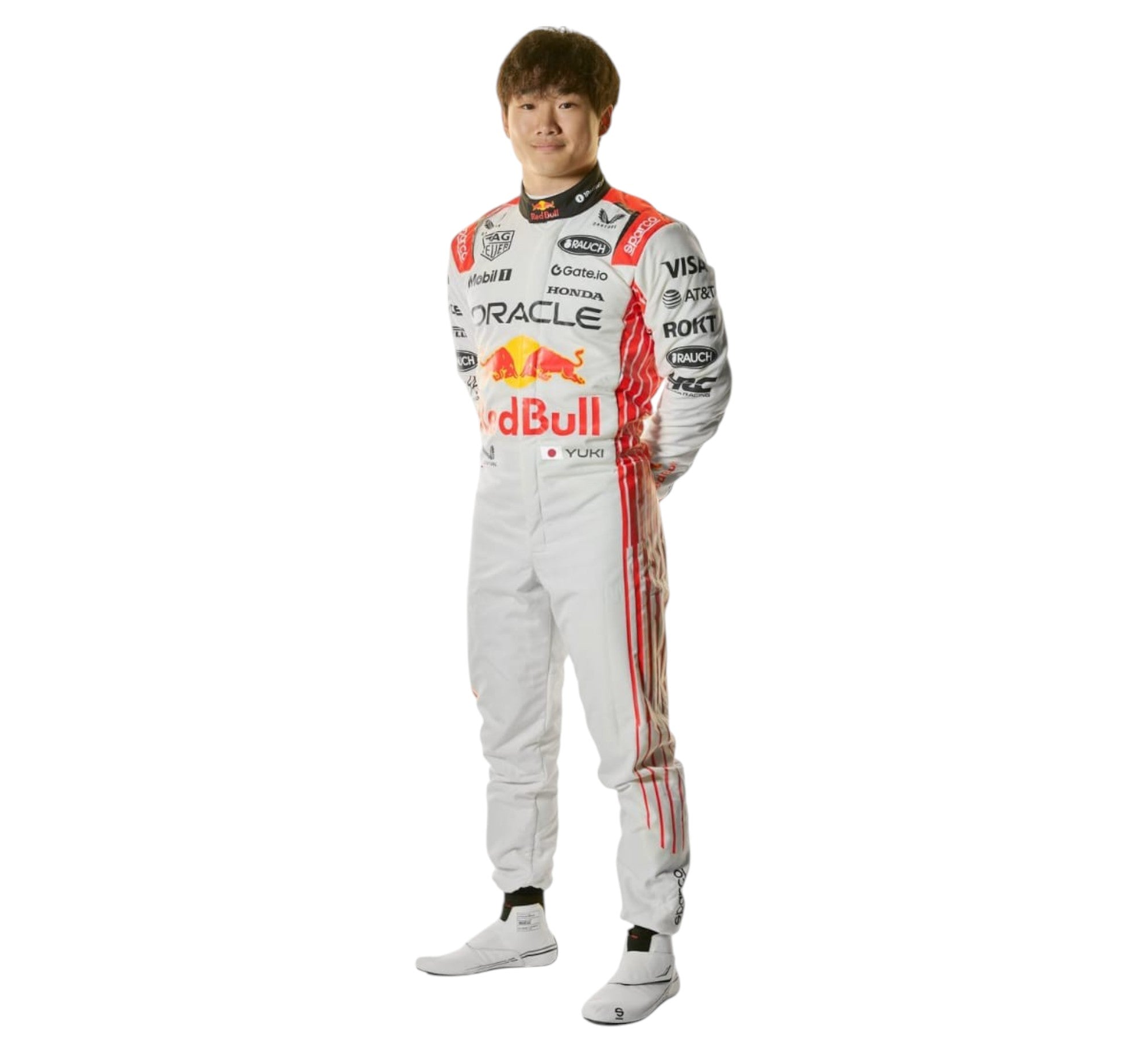 Endless Racegear white Red Bull style race suit with sponsor logos and red side stripes