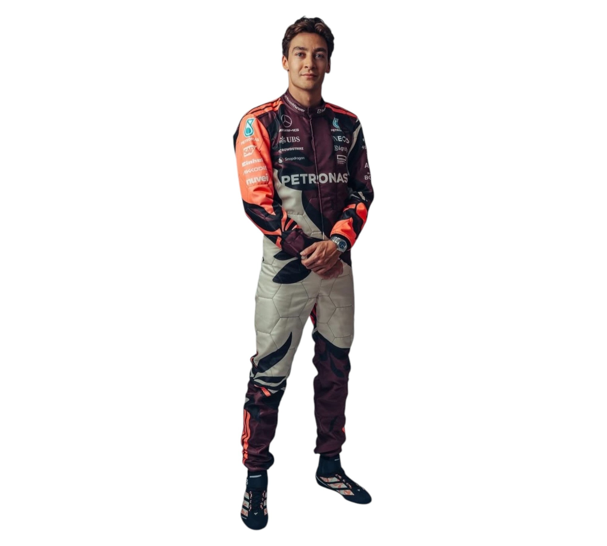 Endless Racegear George Russell 2025 F1 racing suit full length maroon and cream driver suit with sponsor logos