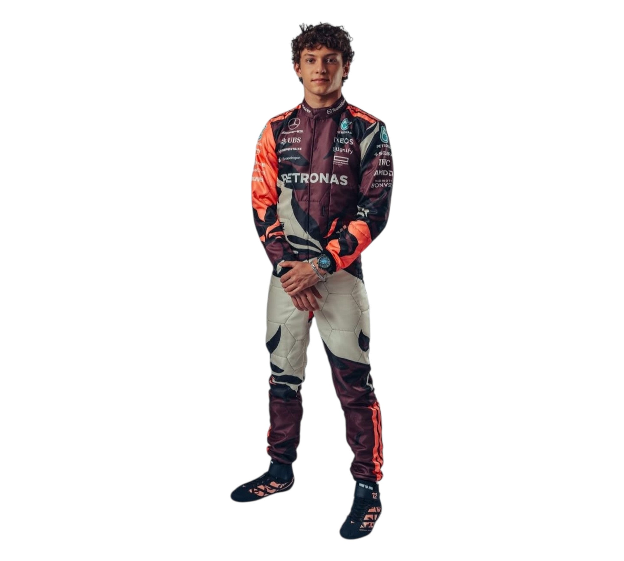 Endless Racegear George Russell 2025 F1 racing suit displayed on a male model full body maroon and orange suit