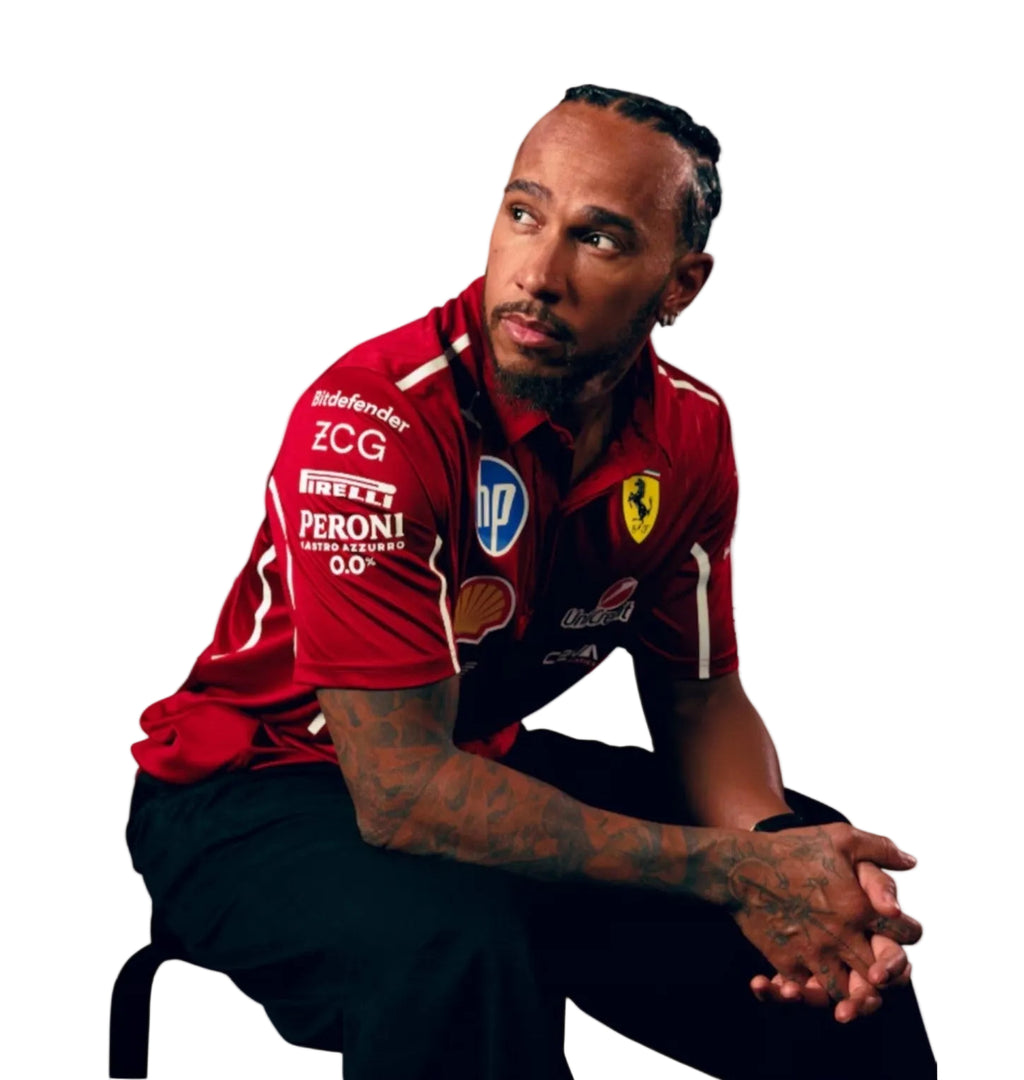 Endless Racegear model wearing red Scuderia Ferrari 2025 team polo with sponsor logos and short sleeves