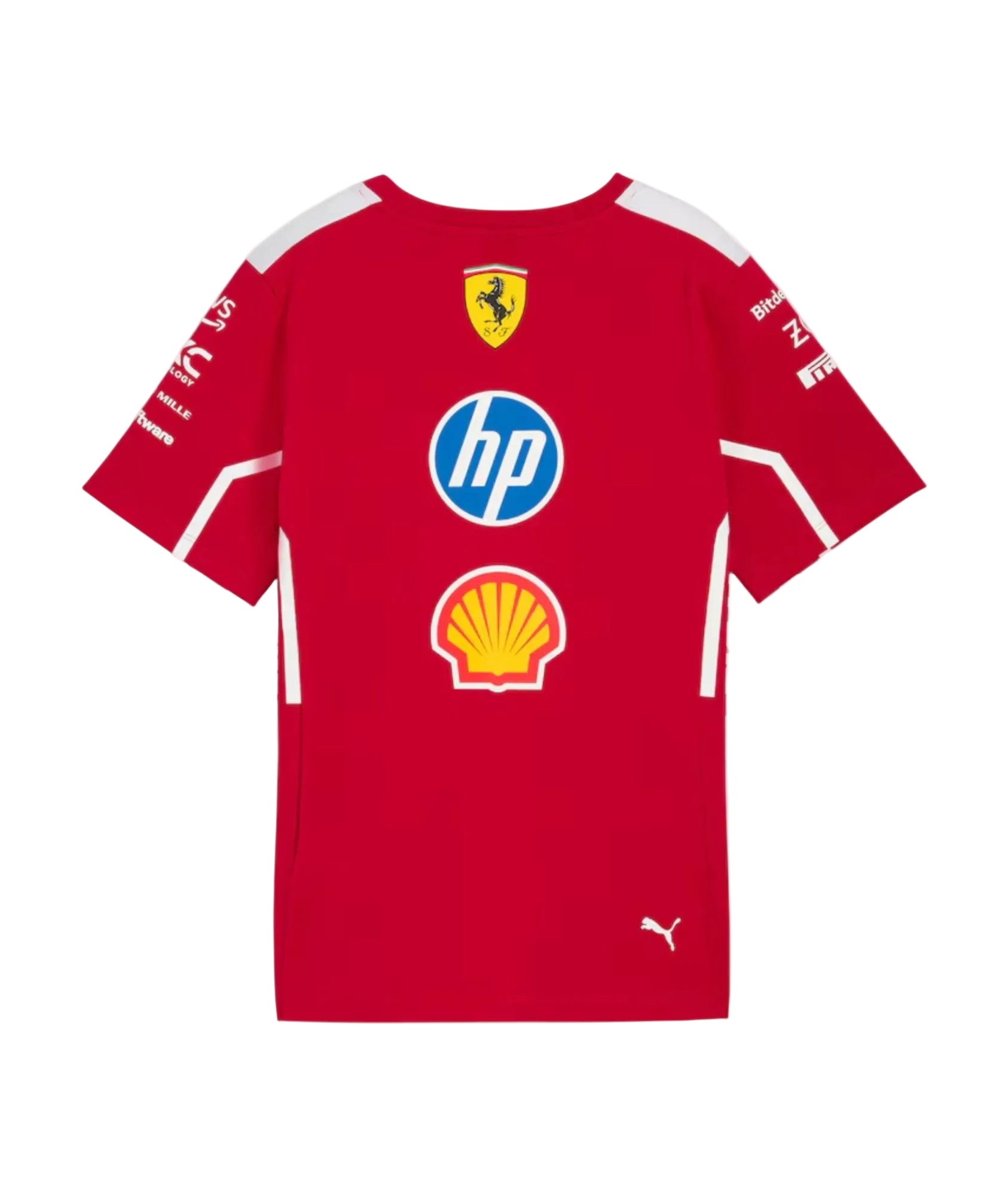 Endless Racegear red Scuderia Ferrari 2025 team polo Tshirt back view with Ferrari HP Shell logos