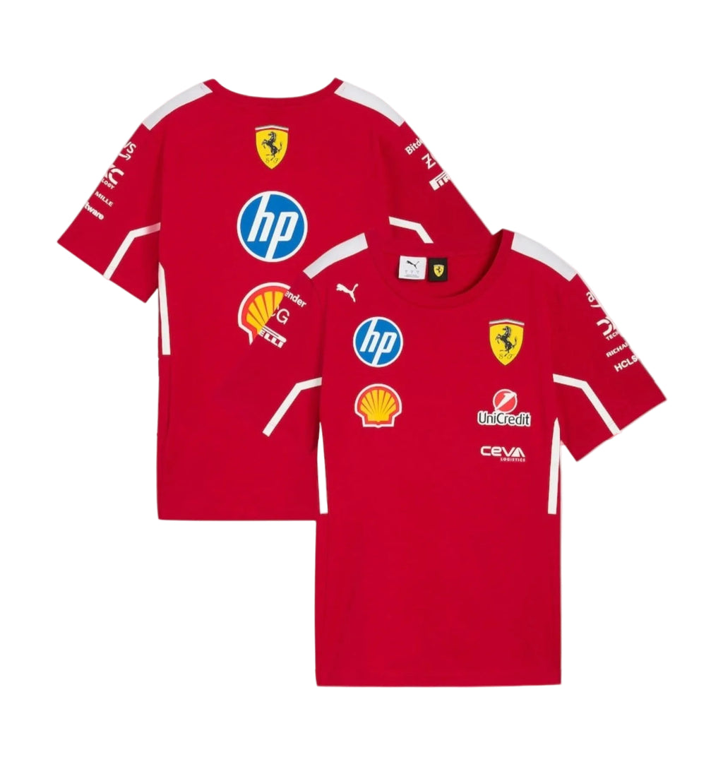 Endless Racegear Scuderia Ferrari 2025 team polo red T shirt with Ferrari shield HP Shell logos front and back