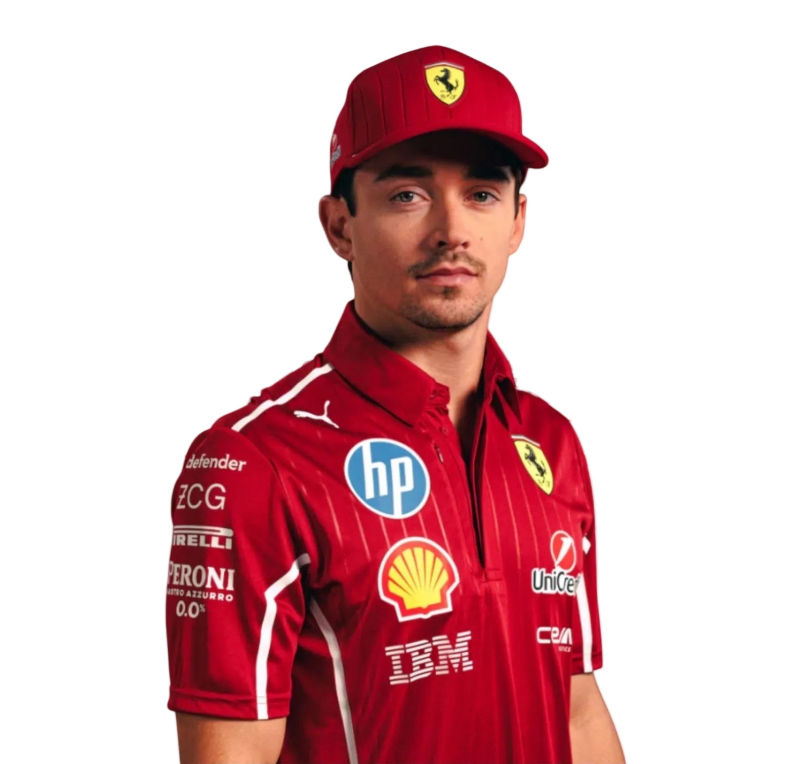 Scuderia Ferrari 2025 team polo Endless Racegear red polo with Ferrari shield sponsor logos and cap