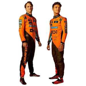 Two models wearing orange Lando Norris McLaren F1 replica suit with sponsor logos and racing shoes