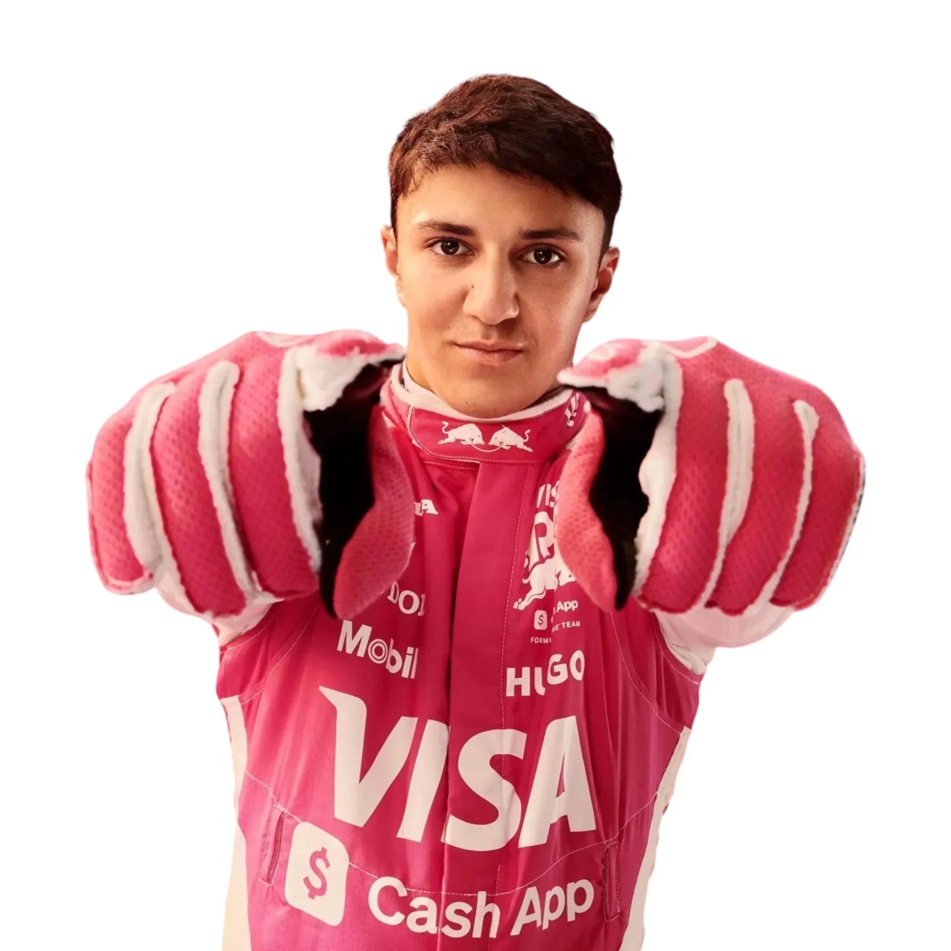 Endless Racegear pink Racing Bulls F1 Miami GP race suit with VISA and Cash App logos and matching gloves