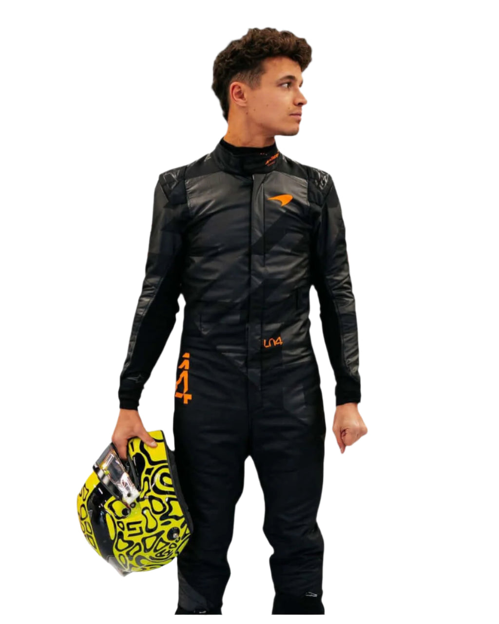 Endless Racegear 2025 Lando Norris McLaren race suit in black with orange logos modeled holding yellow helmet