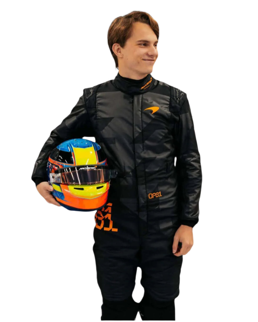 Endless Racegear driver wearing 2025 Lando Norris McLaren race suit in black holding colorful helmet