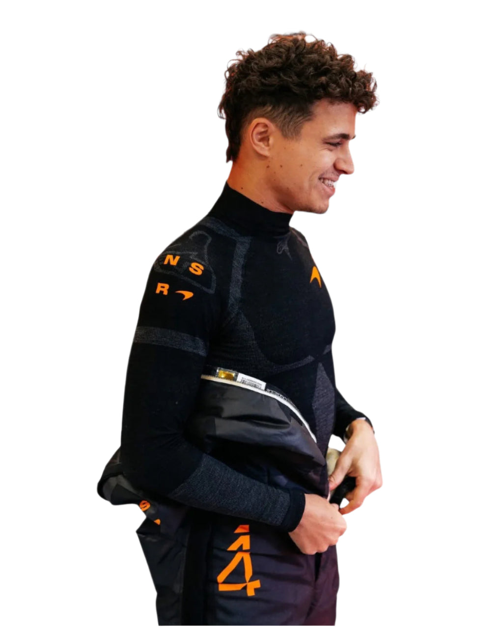 Endless Racegear model wearing 2025 Lando Norris McLaren race suit black undershirt and jacket