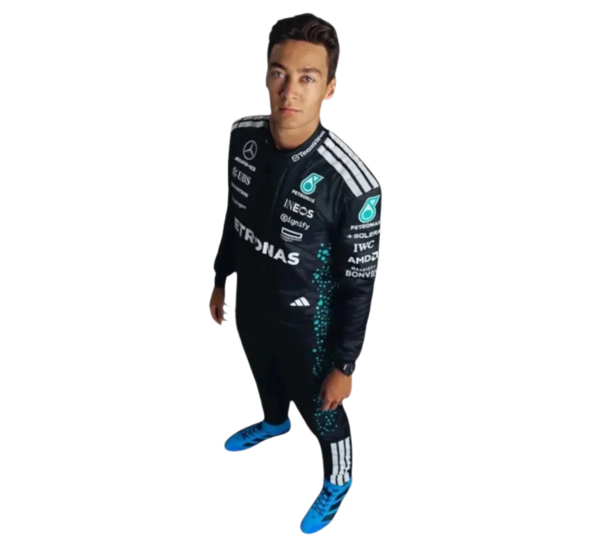 Endless Racegear George Russell Mercedes F1 replica suit black racing suit with team logos and teal accents