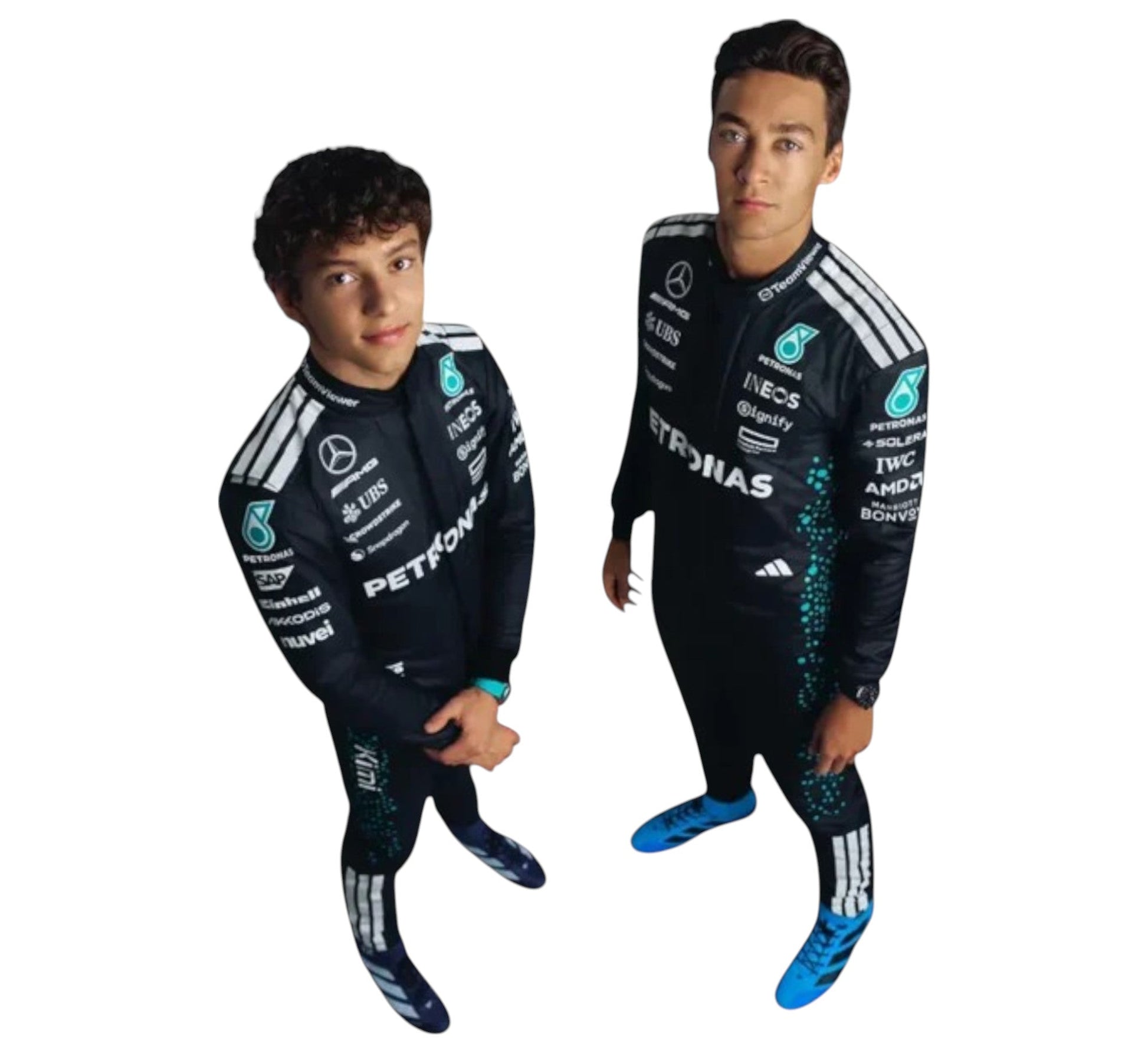 Two models wearing George Russell Mercedes F1 replica suit in black with sponsor logos by Endless Racegear