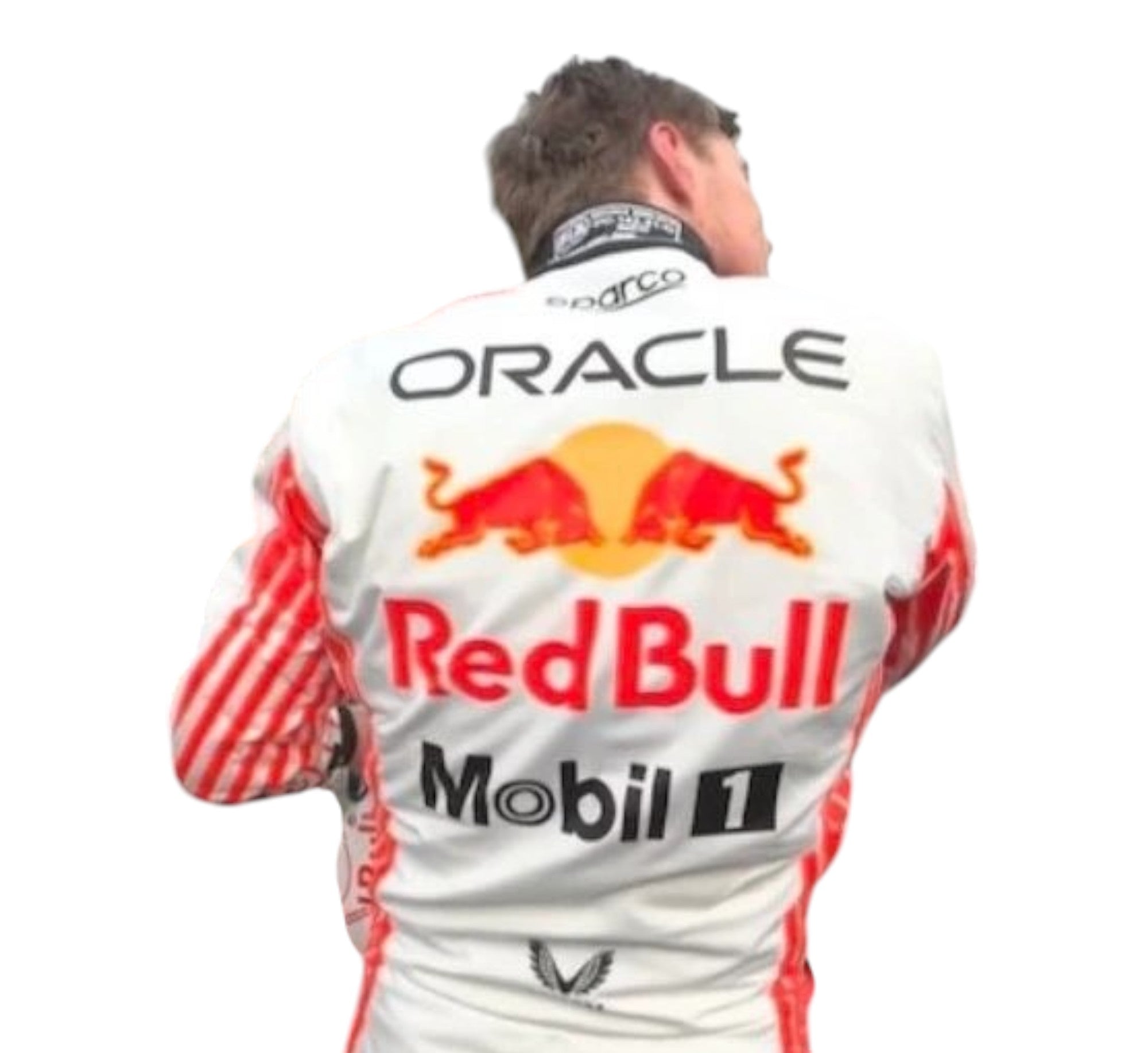 Endless Racegear Max Verstappen inspired white Red Bull race suit back view with Oracle and Mobil 1 logos